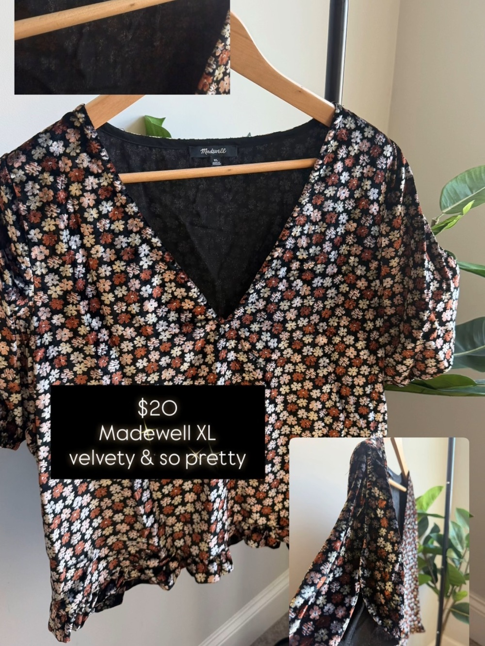 Madewell Black Velvet Floral V-Neck Blouse